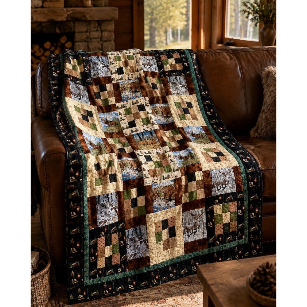 Handmade Wildlife Twin Topper Quilt 48x62 Moose Bear Deer Cabin Patchwork